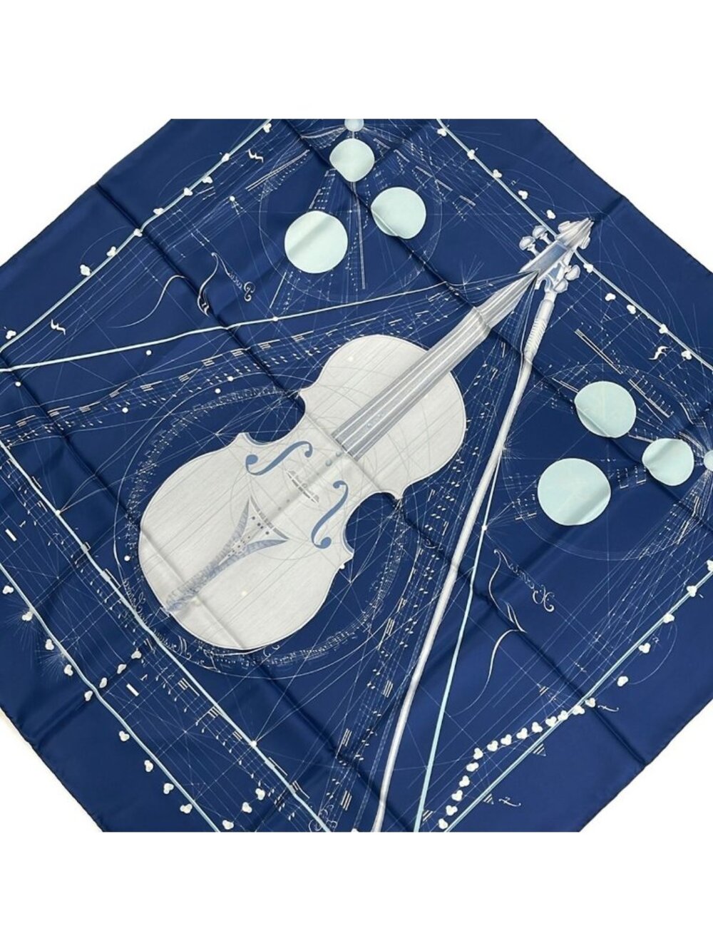 Hermes Scarf Carre 90 Navy Light Blue Multi la Musique Des Spheres Violin